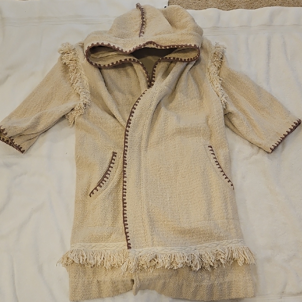Free People Fringe Hooded Boho Hooded Fringe Coat Jacket Sweater in Cream Sz S/P